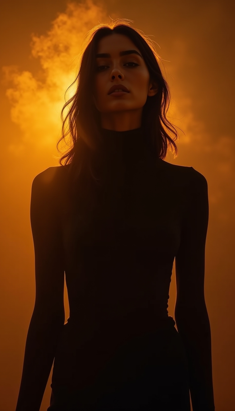 Avant garde fashion portrait woman golden hour sepia editorial photography shot