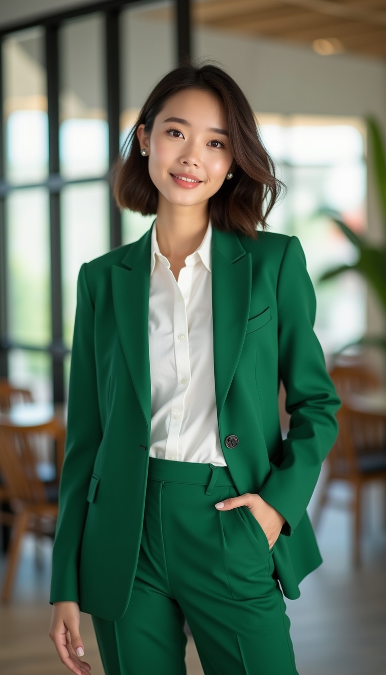 Confident asian european woman in green suit modern cafe setting