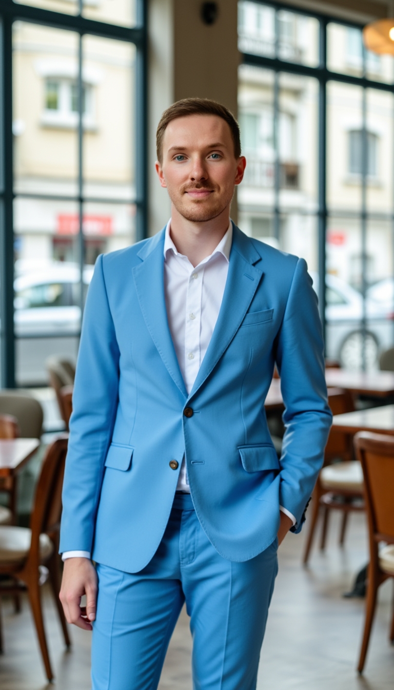 Confident man in light blue suit
