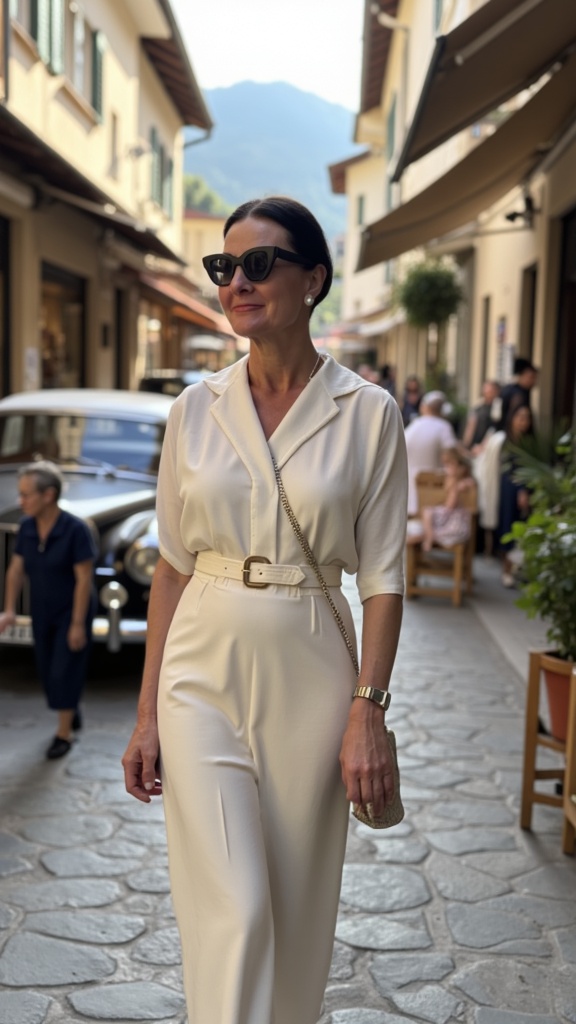 Elegant woman old money style Swiss market vintage car classic fashion
