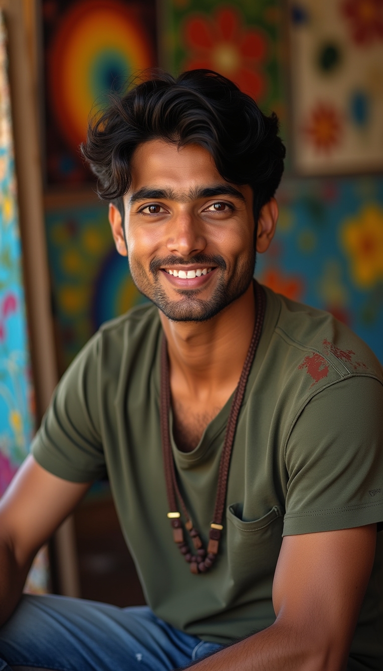South asian artist portrait studio warm light creative expression paint splatter